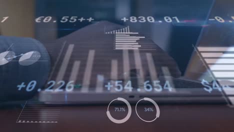 Animation-Von-Finanzdaten-Und-Grafiken-über-Den-Händen-Eines-Gemischtrassigen-Mannes,-Der-Einen-Laptop-Benutzt