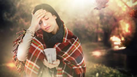 mujer que sufre de dolor de cabeza y hojas de otoño que caen 4k