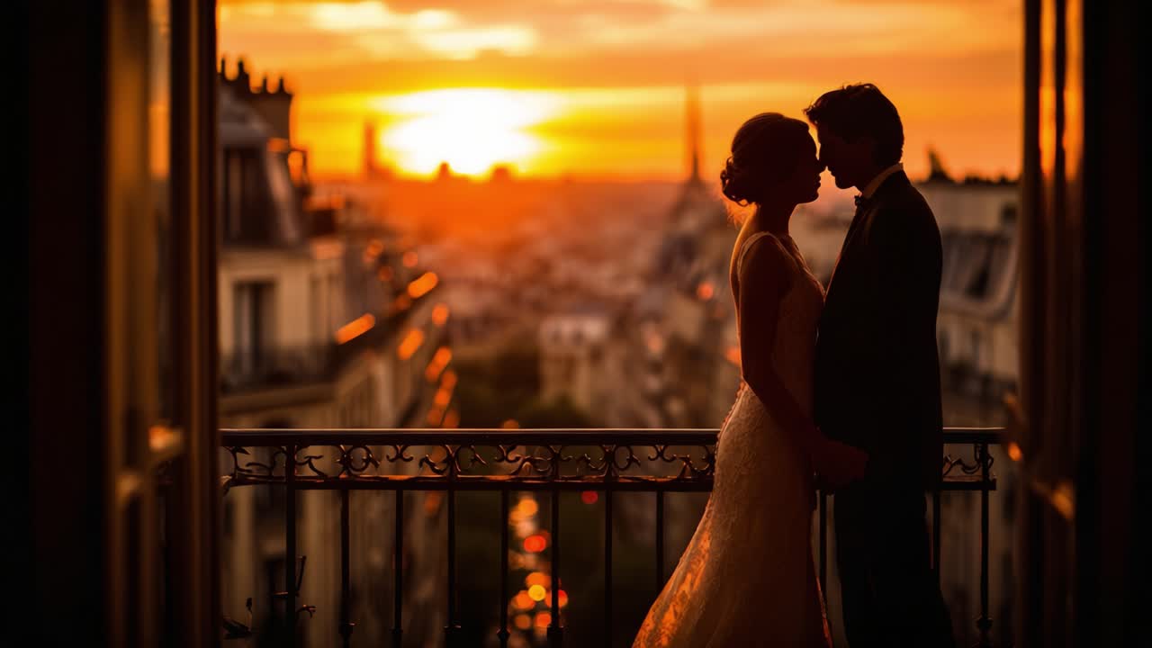 Siluetas de una preciosa pareja con una impresionante puesta de sol sobre la ciudad, capturando un momento de amor y conexión con una romántica vista desde el balcón
