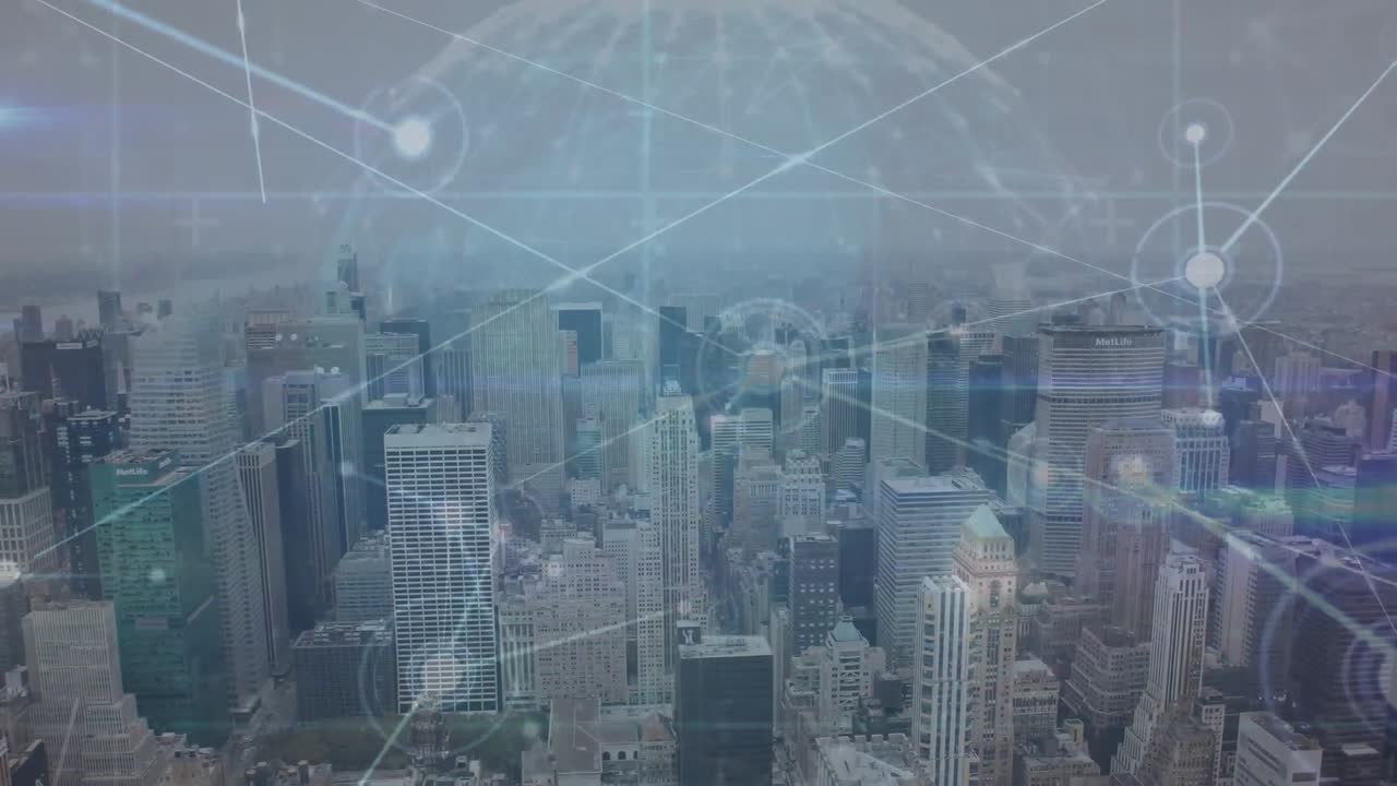 도시 풍경의 공중 풍경에 대한 회전하는 지구상의 연결 네트워크의 애니메이션