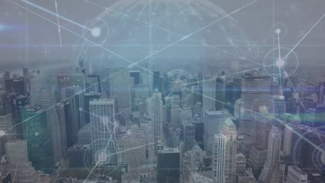 animation of network of connections over spinning globe against aerial view of cityscape