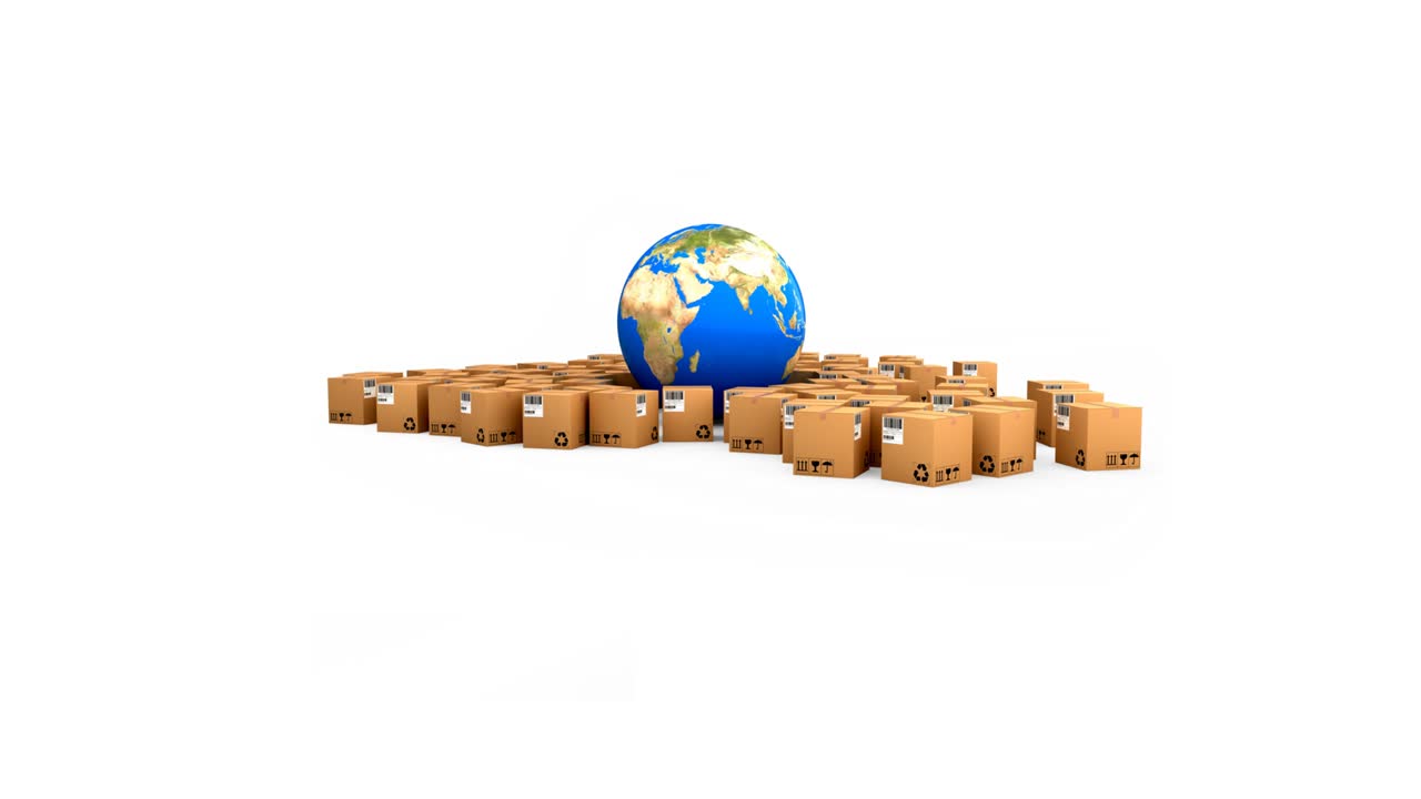 animación de globos y cajas de cartón que se mueven sobre un fondo blanco