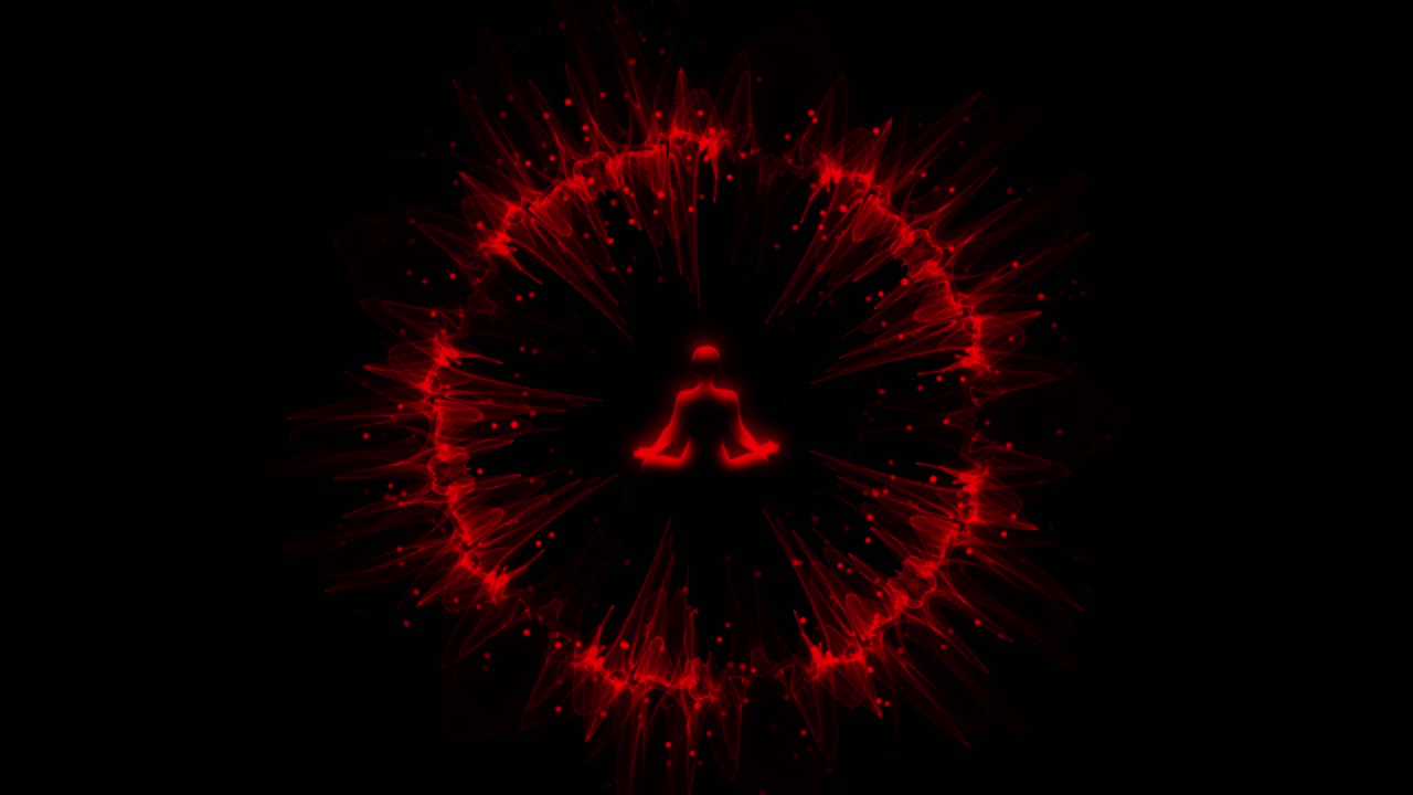 viaje espiritual del hombre que medita en la posición de yoga del loto sentado en el centro de un círculo rojo de partículas en movimiento
