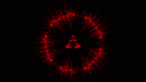 spiritual journey of meditating man in lotus yoga position sitting in the centre of a red circle of moving particles