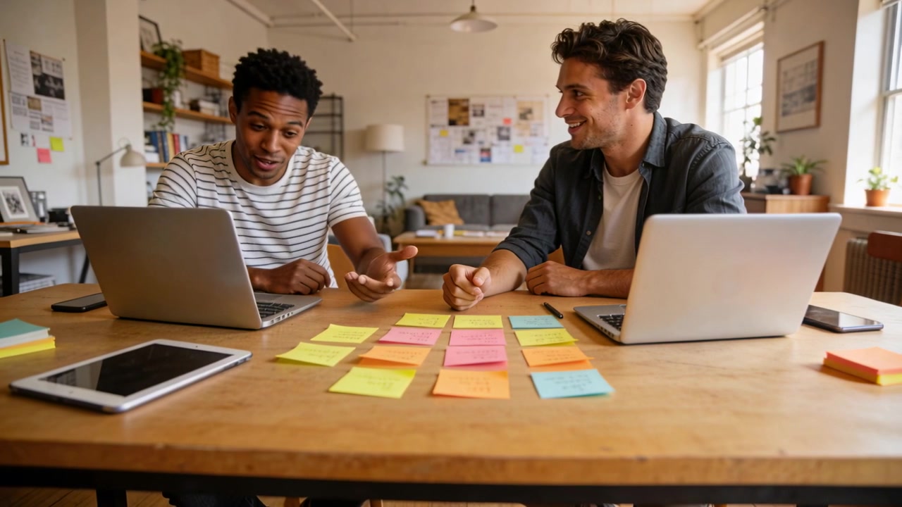 Reaching right man leaning toward sticky notes on wood table, casual colleagues planning on laptops
