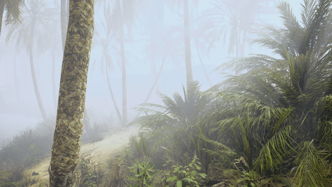 Misty tropical landscape with palm trees and lush greenery in the early morning