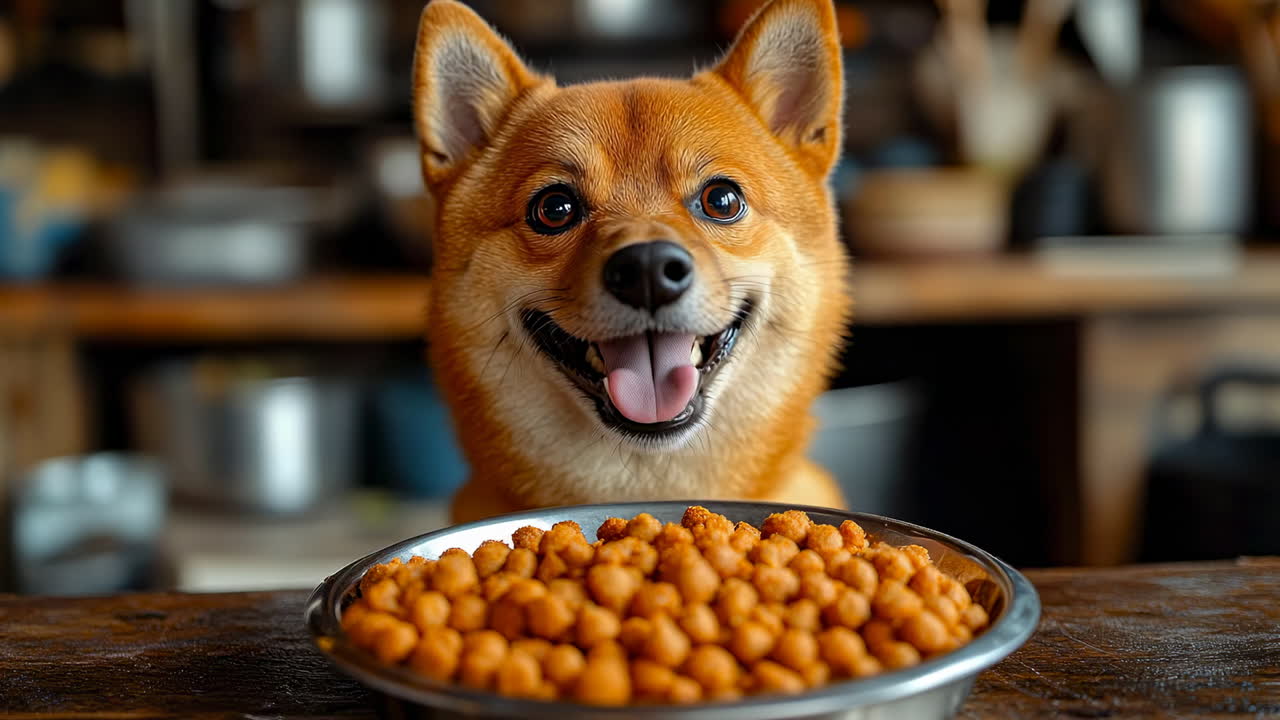 Ein Hund wartet in einer gemütlichen Küche auf sein Futter. Ein Hund sitzt in einer Küche neben einem mit Futter gefüllten Napf und sieht eifrig und aufmerksam aus, um zu fressen