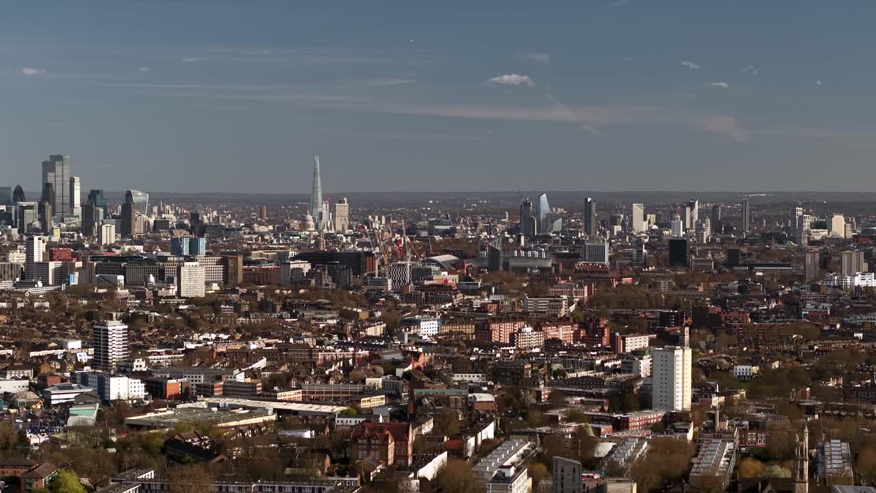 London city skyline aerial view across the British capital landmarks and suburban downtown district
