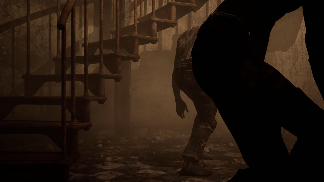 A dystopian destroyed ruined interior, with debris and zombies standing ...