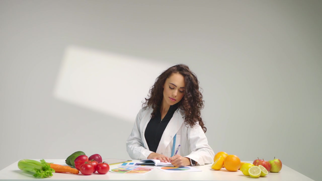 Nutrizionista donna in camice bianco che prende appunti su un quaderno mentre pianifica una dieta sana con frutta, verdura e grafici su una scrivania in un luminoso ambiente di studio professionale