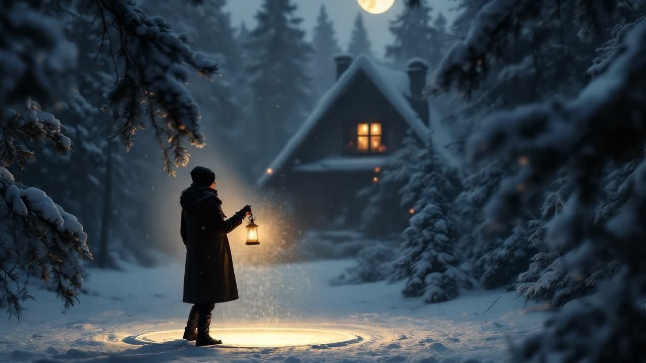 Mysterious traveler holding glowing lantern standing in front of illuminated circle in snowy forest at night with full moon and warm house in background