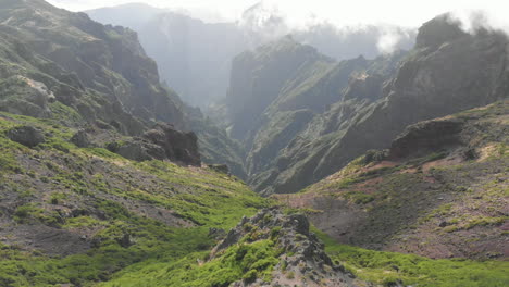 drone flying over "pico ruivo" viewpoint, madeira island, portugal