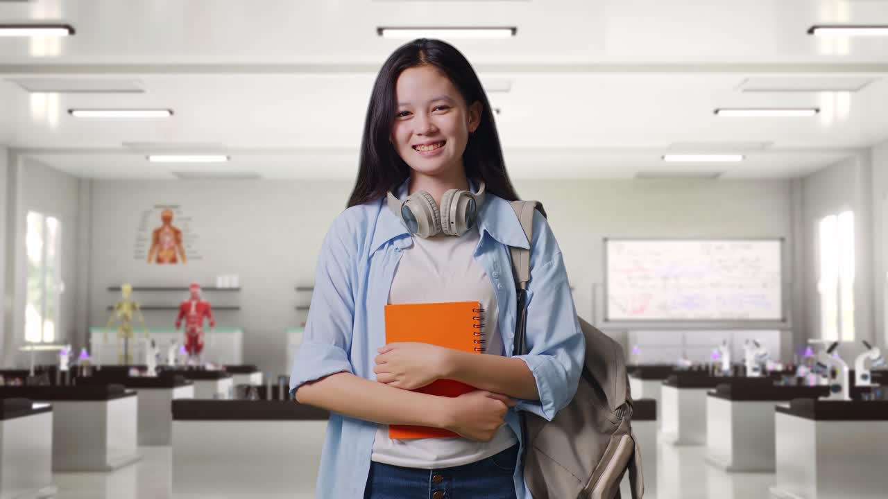 Asian Teen Girl Student With A Backpack Holding Some Books And Smiling To Camera While Standing In Science Laboratory