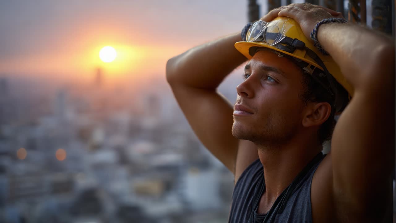A construction worker gazes thoughtfully into the horizon during sunset, showcasing the blend of hardwork and contemplation as the sun sets over the urban landscape, capturing the essence of perseverance and hope