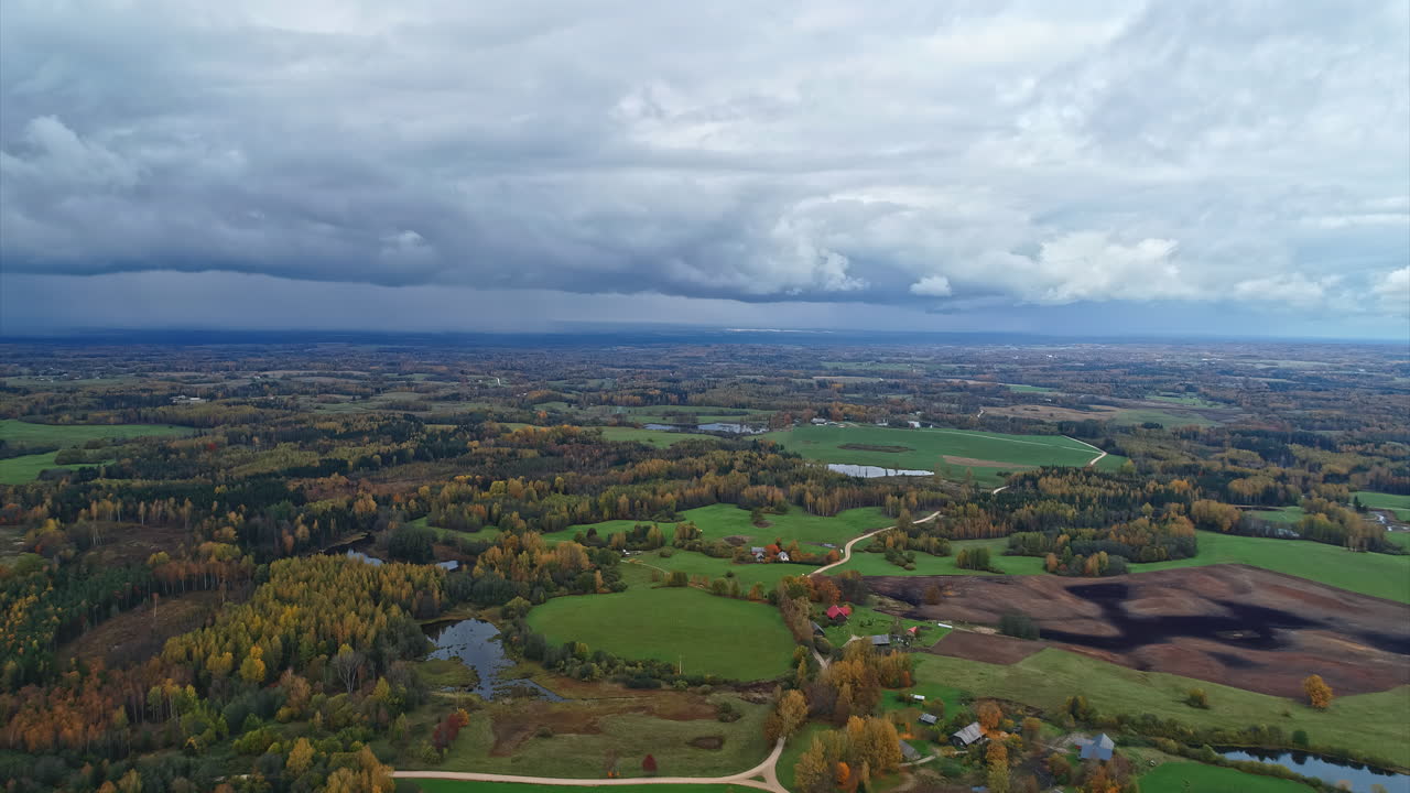 초원, 숲, 연못 이 있는 다양 한 풍경 을 조망 하는 새 들 의 눈