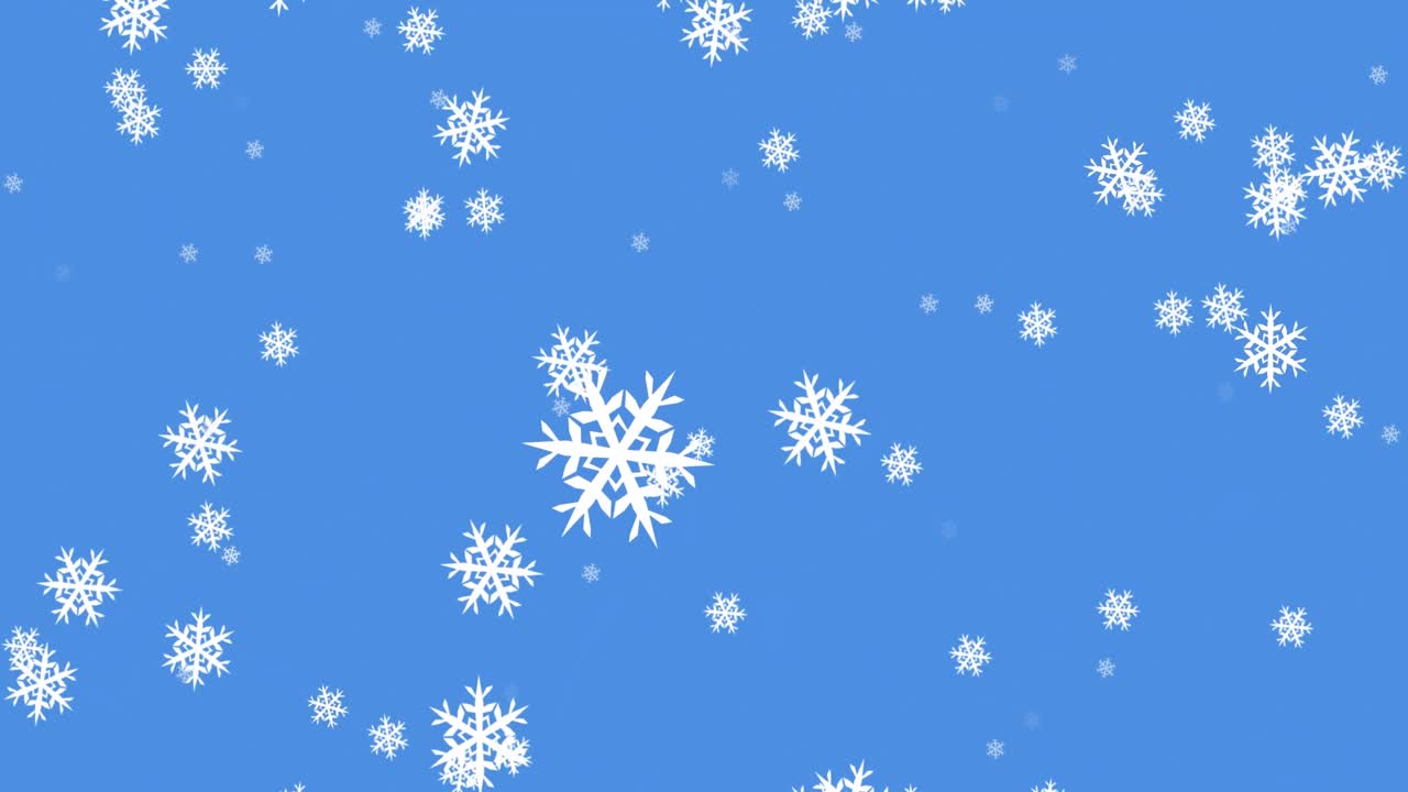 Digital animation of multiple snowflakes icons falling against blue background