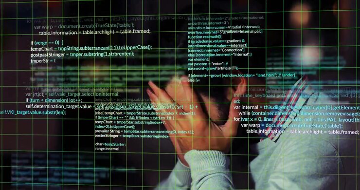 Skægget udvikler åbner et kode-overlay på et grønt gitter og fletter fingre under fejlfinding.
