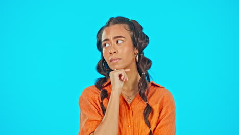 thinking, confused and face of woman on blue