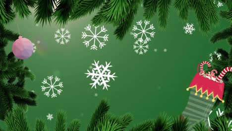 Animation-of-christmas-tree-frame-over-snowflakes-falling-on-green-background