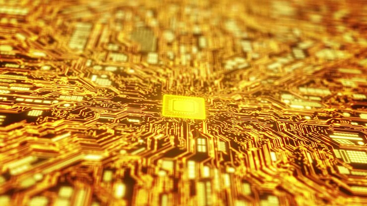 Visualizzazione 4K di scheda madre con processore CPU, animazione a tema dorato, avvio della digitalizzazione