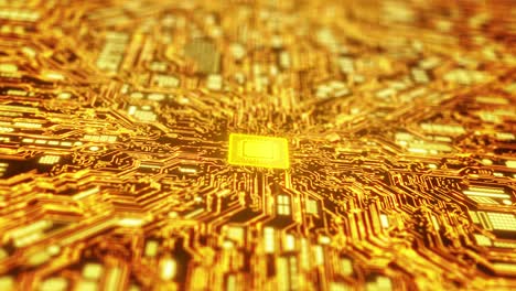 4k visualization of circuit board cpu processor golden theme animation starting digitalization