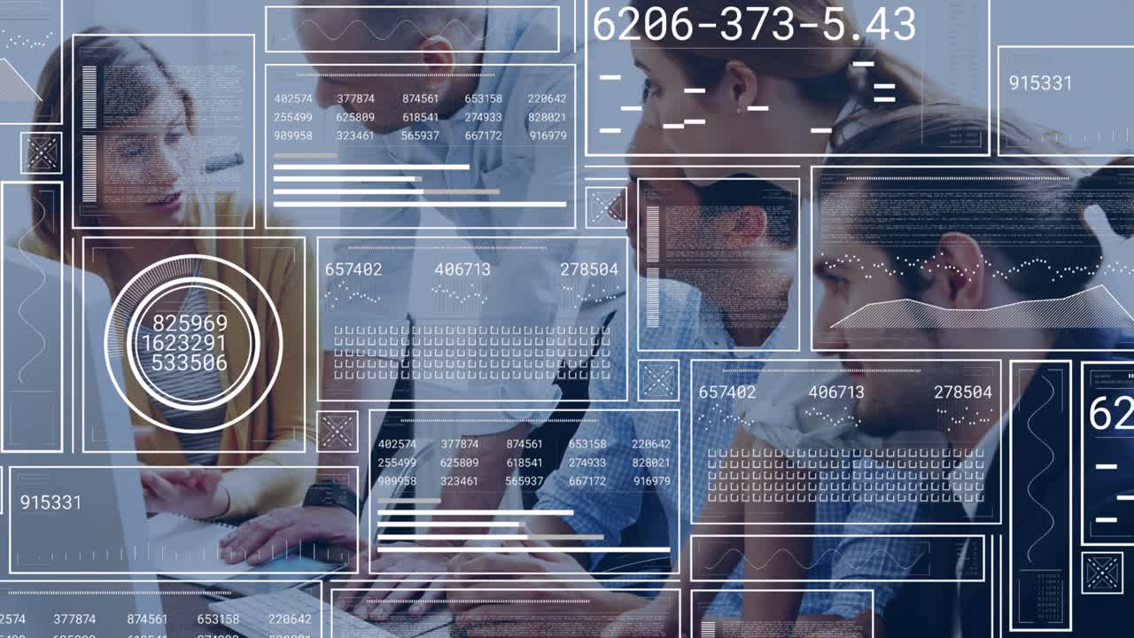 Coworkers typing on laptop and launching business metrics overlay for interpreting evolving figures