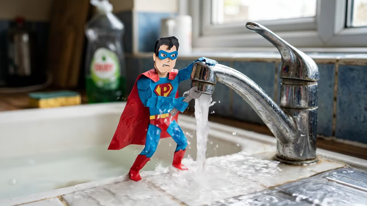 Figura de Superman de papel reparando un grifo de cocina que gotea