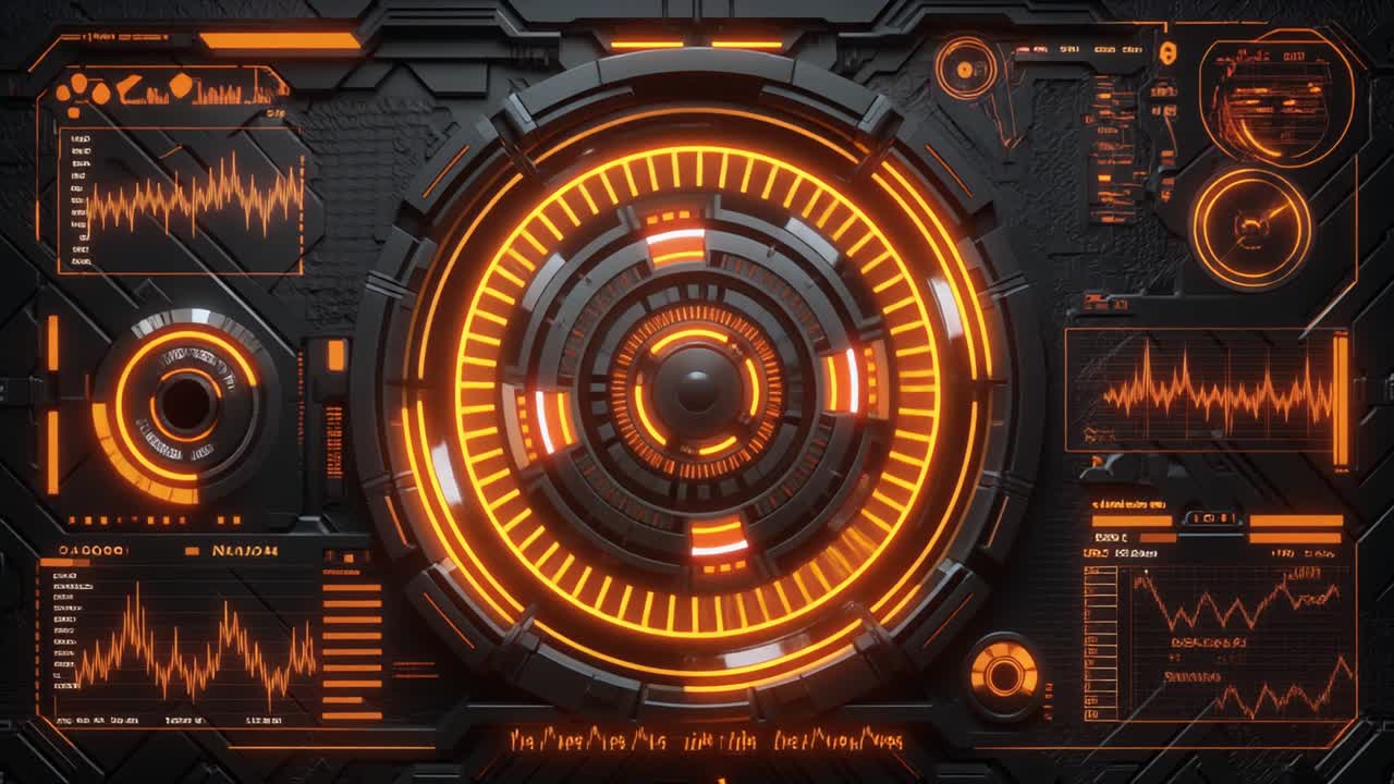 Futuristic HUD Display with Glowing Orange Data and Rotating Rings