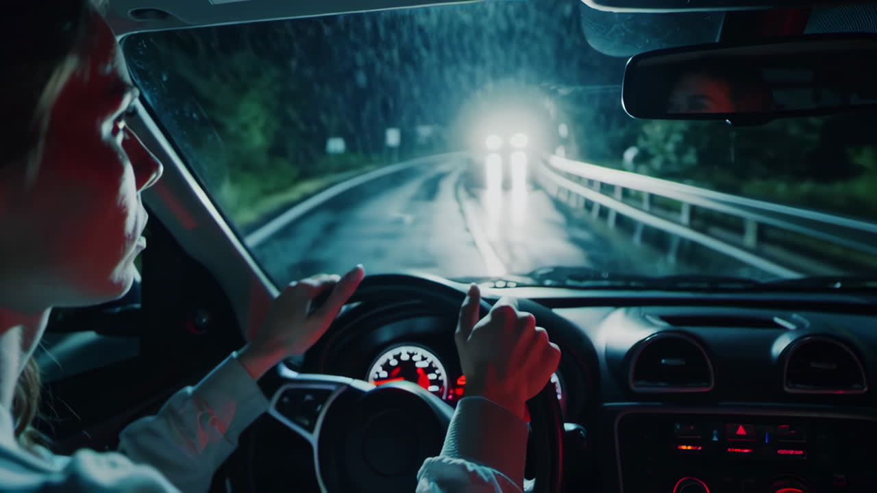 Woman Driving at Night through a Forest