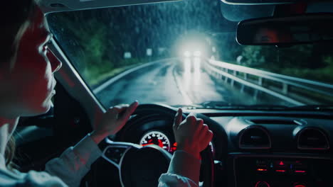 woman driving at night through a forest