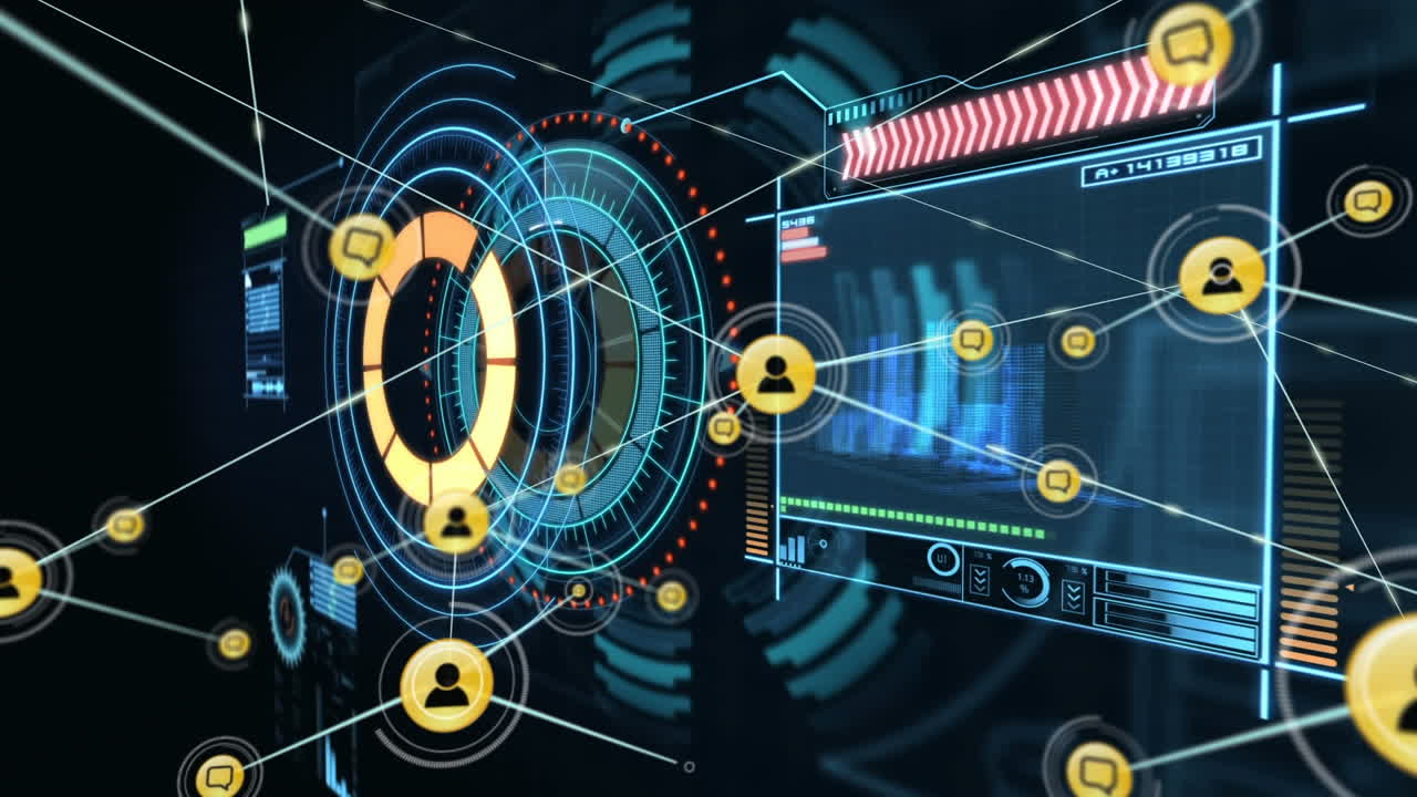 Network of profile icons against digital interface with data processing on black background