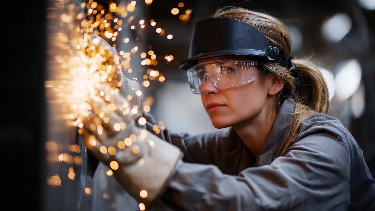 Una saldatrice determinata impegnata nella lavorazione dei metalli, concentrata sulla precisione mentre accende la creatività e l'artigianato in un ambiente industriale, che indossa dispositivi di protezione e contribuisce al lavoro specializzato