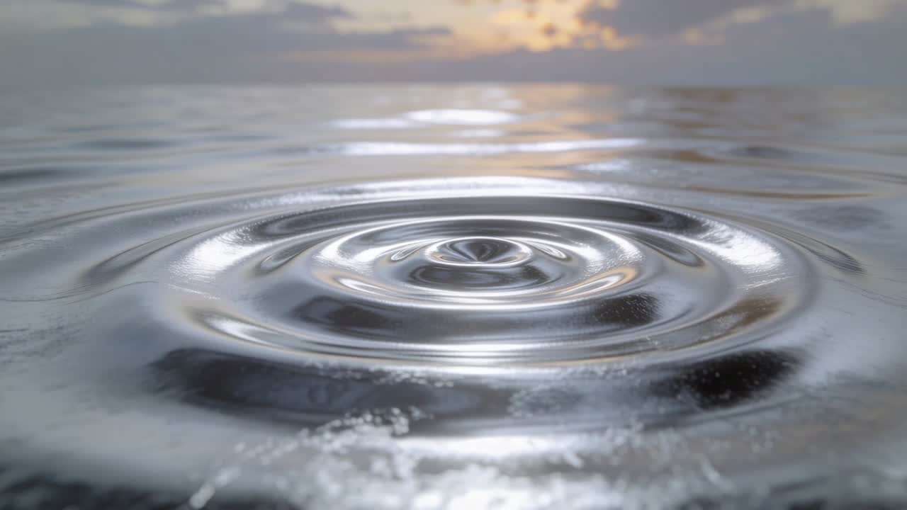 Un impatto centrale crea increspature concentriche sull'acqua al tramonto, con un bagliore del sole cangiante. Educazione.