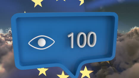 animación de una burbuja de habla con números sobre la bandera de la unión europea