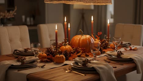cozy autumn thanksgiving dinner table setting with pumpkins and candles