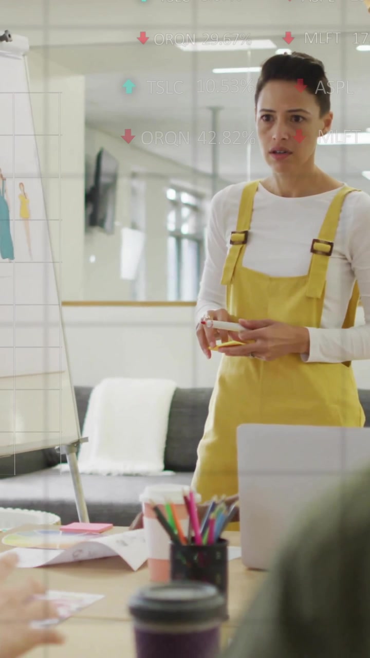 Animation of data processing and diagrams over diverse colleagues discussing work