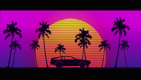 animation of black car driving over glowing yellow to orange sun with palm trees on purple