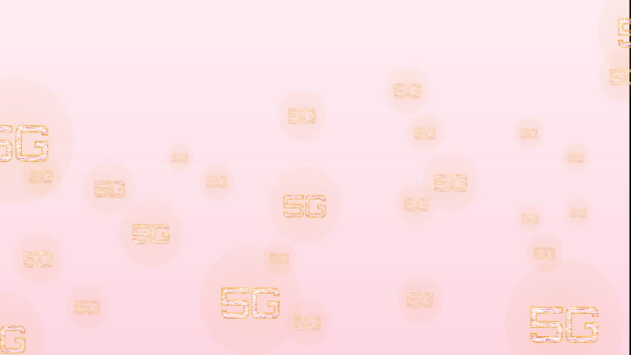animación de múltiples banners de texto 5g flotando contra un fondo de gradiente rosado
