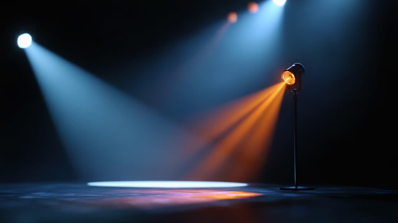 A striking spotlight casts vibrant beams of orange and blue light in a dimly lit performance space, creating an atmospheric stage setting for an event or show