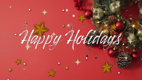 animation of happy holidays text over stars and christmas decorations