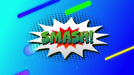 animation of smash text over colorful lines on blue background