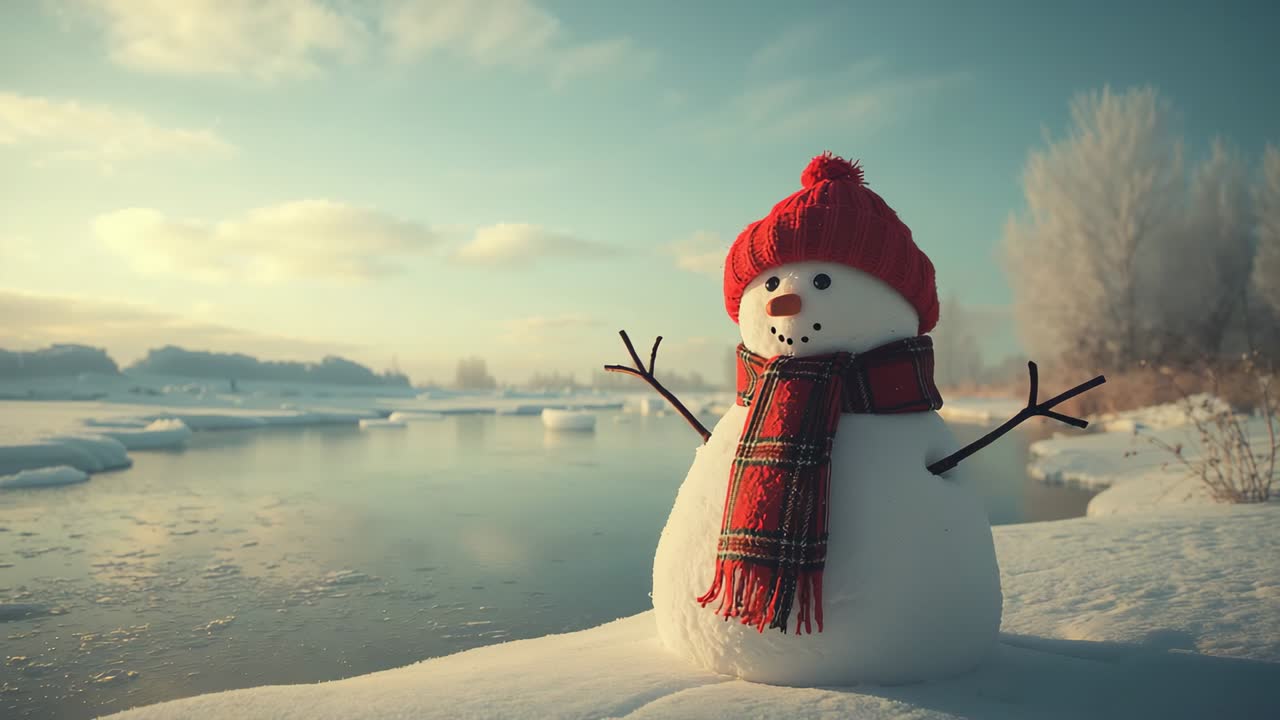 Arriving light illuminating stick-armed snowman wearing red hat, scarf on riverbank, with ice floes