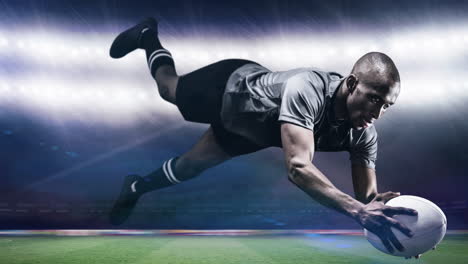 animation of african american male rugby player holding ball over stadium