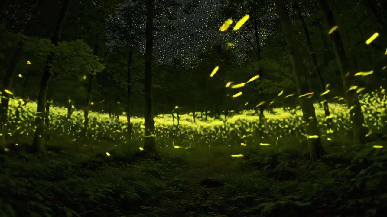 A Mesmerizing Display of Fireflies Illuminating the Night Forest, Creating a Magical Atmosphere Filled with Flickering Lights Under a Starry Sky