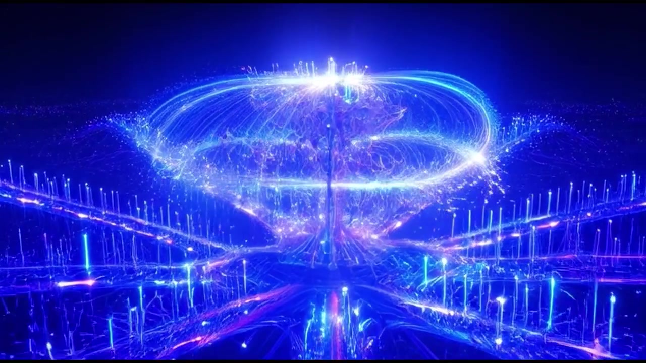 Abstract Digital Network Expanding with Glowing Blue Light Particles