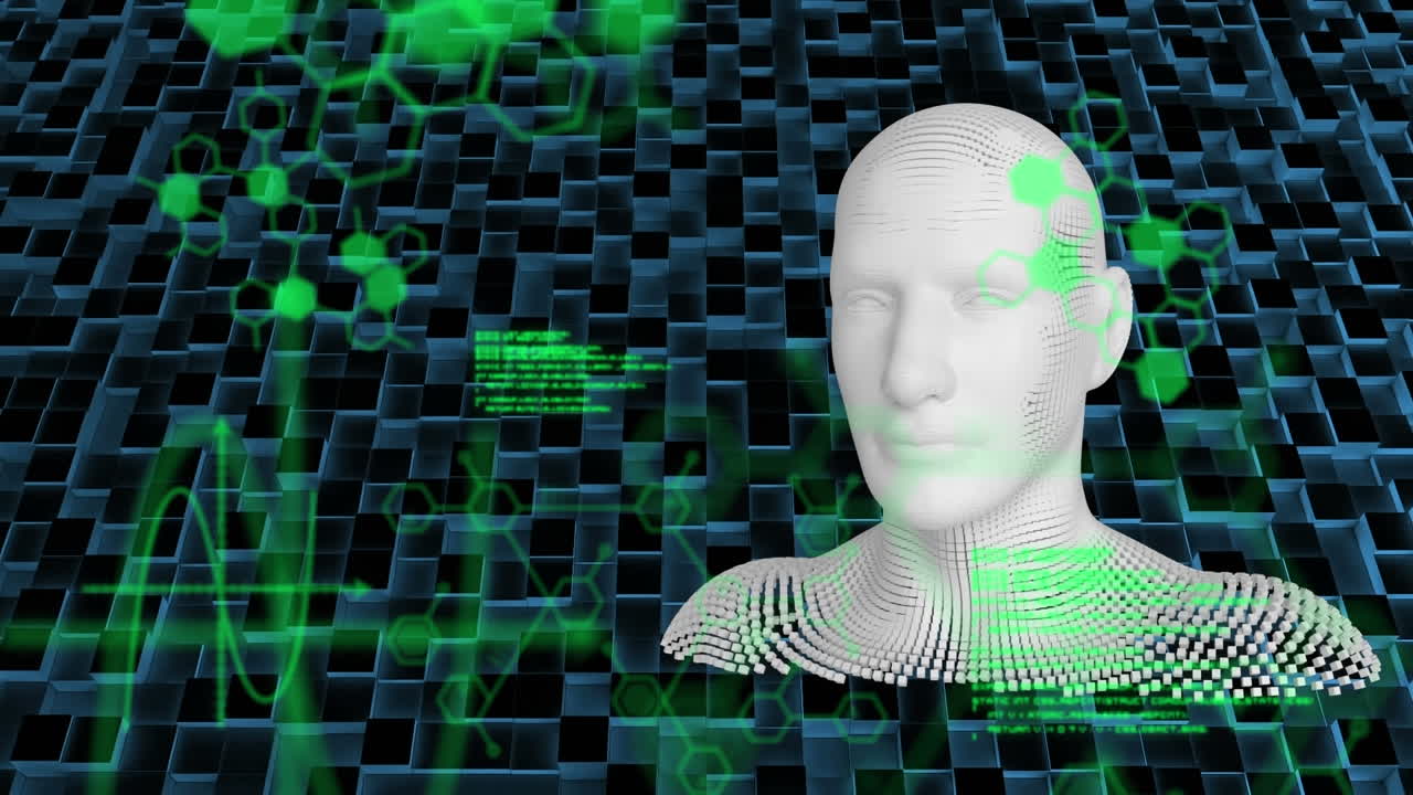 Animation of human model and scientific data processing on black background