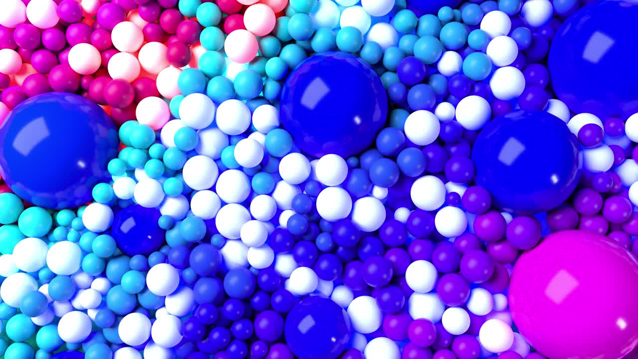 animación en bucle 3d con brillantes y hermosas esferas o bolas pequeñas y grandes como fondo de vacaciones abstractas. composición colorida de esferas coloridas