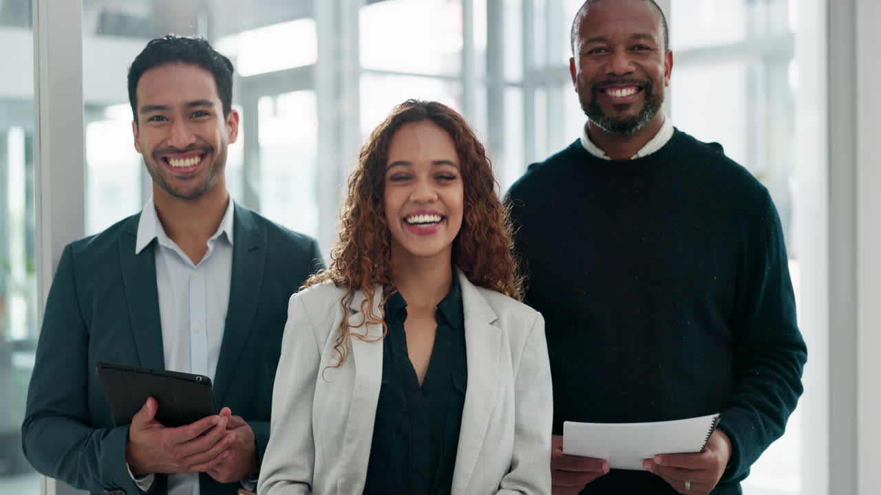 Laughing, team and face of business people at work