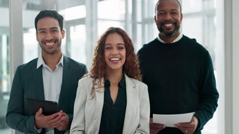laughing, team and face of business people at work