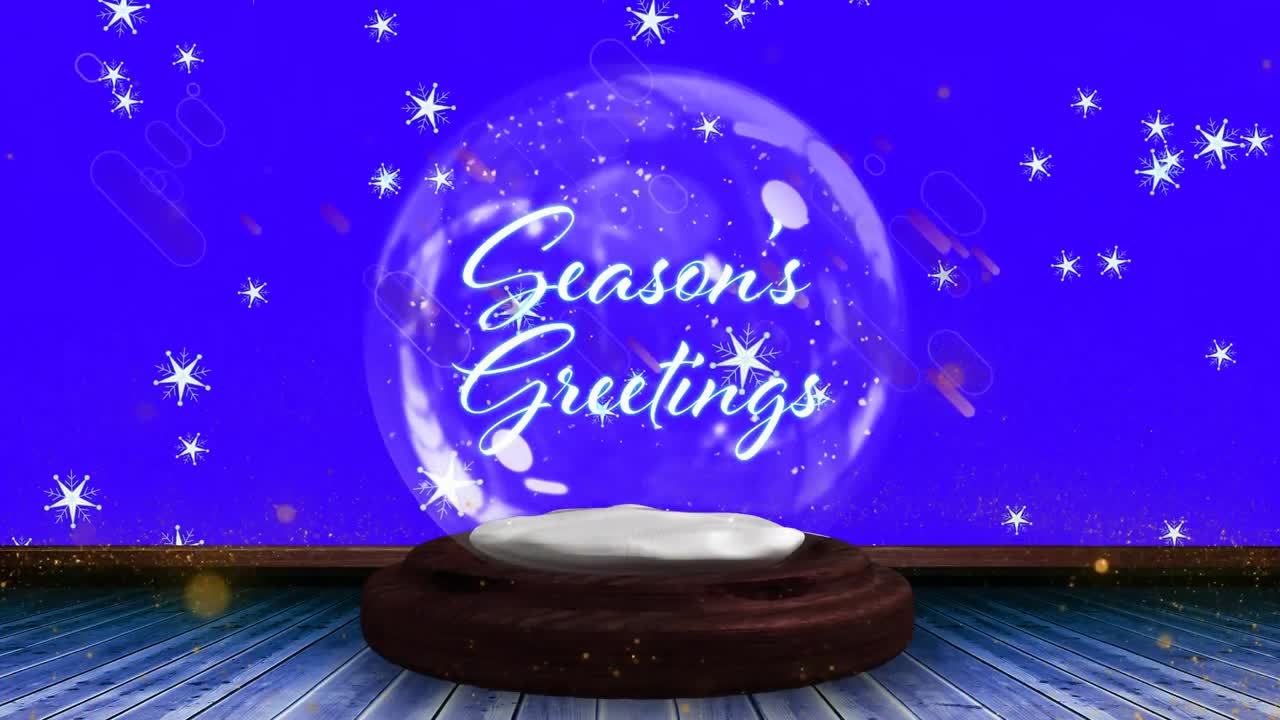Animation of christmas season's greetings text in snow globe and shooting star on blue background